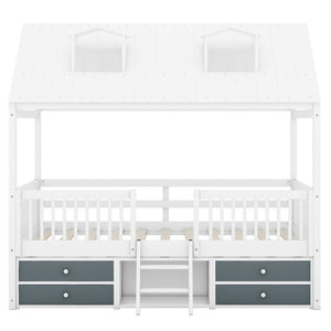 English Elm Full Size House Bed Frame Solid Wood with Storage Drawers Peaked Roofline Kids Playhouse White LP000466AAK-1