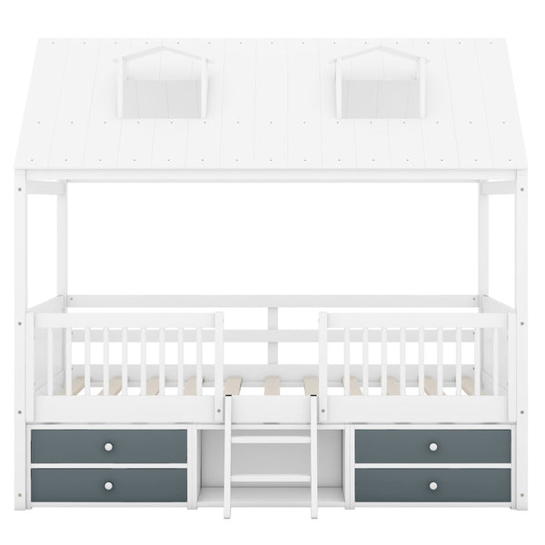 English Elm Full Size House Bed Frame Solid Wood with Storage Drawers Peaked Roofline Kids Playhouse White LP000466AAK-1