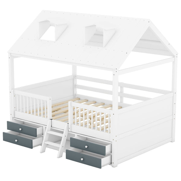 English Elm Full Size House Bed Frame Solid Wood with Storage Drawers Peaked Roofline Kids Playhouse White LP000466AAK-1