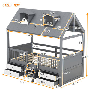 English Elm Twin House Bed Solid Wood Frame with Skylights Ladder Storage Drawers Kids Room Gray LP000465AAE-1