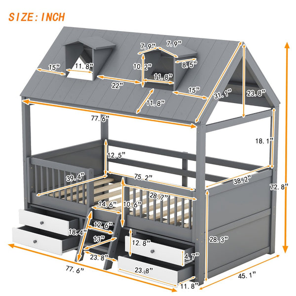 English Elm Twin House Bed Solid Wood Frame with Skylights Ladder Storage Drawers Kids Room Gray LP000465AAE-1