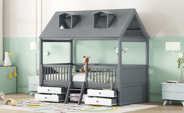 English Elm Twin House Bed Solid Wood Frame with Skylights Ladder Storage Drawers Kids Room Gray LP000465AAE-2