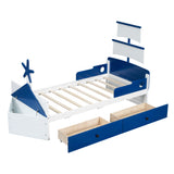 English Elm Twin Size Boat-Shaped Platform Bed With 2 Drawers ,Twin Bed With Storage For Bedroom,Blue