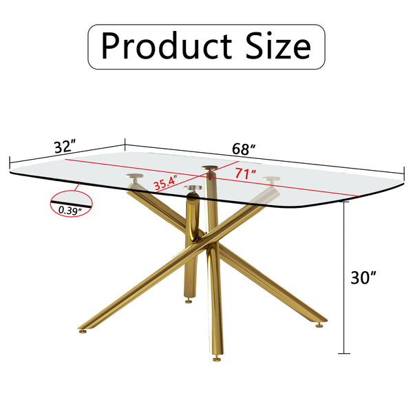 English Elm Large Modern Minimalist Rectangular Glass Dining Table With Gilded Metal Legs For Versatile Use W1151S00840