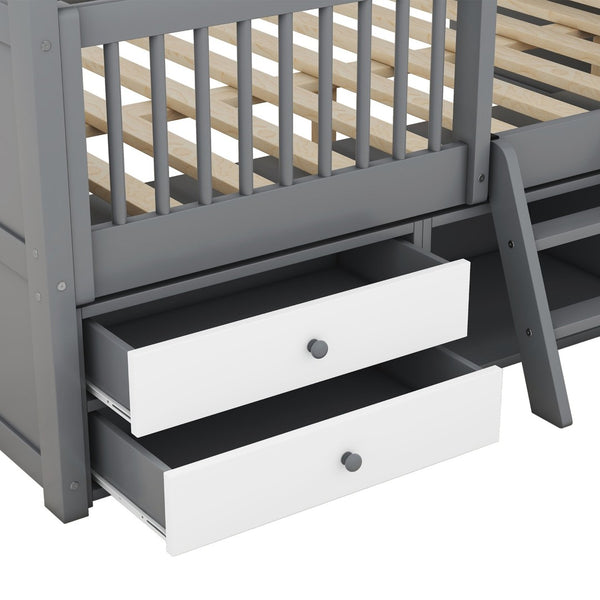 English Elm Full Size House Bed Frame Solid Wood with Storage Drawers Peaked Roofline Kids Playhouse Gray LP000466AAE-1