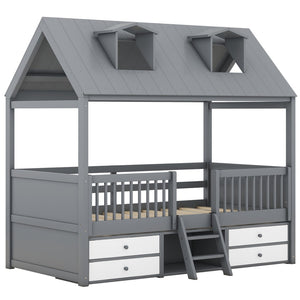 English Elm Twin House Bed Solid Wood Frame with Skylights Ladder Storage Drawers Kids Room Gray LP000465AAE-1