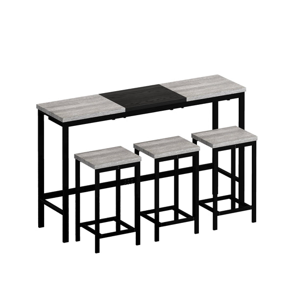English Elm Modern Long Dining Table Set with Hanging Stools, Space-Saving MDF Top, Iron Frame Durability and Style Black+Gery W757P314434