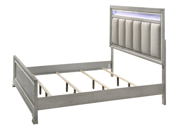 English Elm Modern Glam Upholstered Headboard Queen Bed with LED Lighting and Mirrored Accent Trim for Luxe Bedroom Décor Light Gray 82.7 L x 50 W x 6.25 H B011S00739