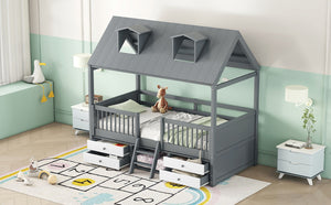 English Elm Twin House Bed Solid Wood Frame with Skylights Ladder Storage Drawers Kids Room Gray LP000465AAE-2