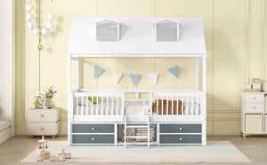 English Elm Twin House Bed Solid Wood Frame with Skylights Ladder Storage Drawers Kids Room White LP000465AAK-1