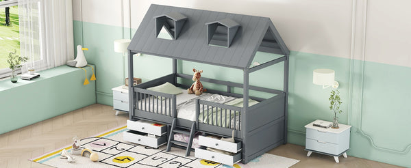 English Elm Twin House Bed Solid Wood Frame with Skylights Ladder Storage Drawers Kids Room Gray LP000465AAE-1