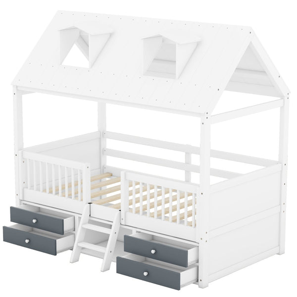 English Elm Twin House Bed Solid Wood Frame with Skylights Ladder Storage Drawers Kids Room White LP000465AAK-2