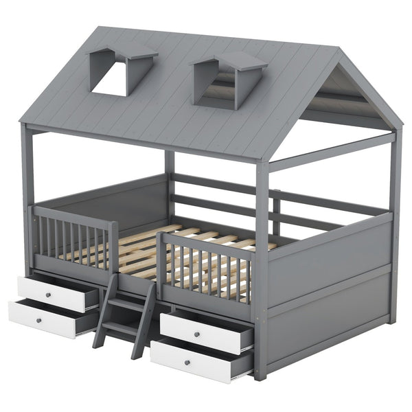 English Elm Full Size House Bed Frame Solid Wood with Storage Drawers Peaked Roofline Kids Playhouse Gray LP000466AAE-1