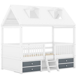 English Elm Twin House Bed Solid Wood Frame with Skylights Ladder Storage Drawers Kids Room White LP000465AAK-1