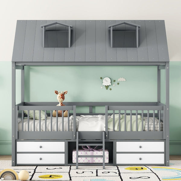 English Elm Twin House Bed Solid Wood Frame with Skylights Ladder Storage Drawers Kids Room Gray LP000465AAE-2