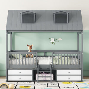 English Elm Twin House Bed Solid Wood Frame with Skylights Ladder Storage Drawers Kids Room Gray LP000465AAE-1