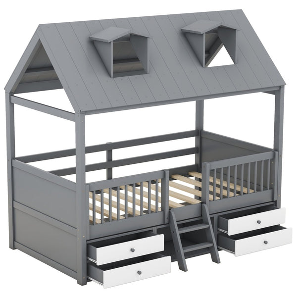 English Elm Twin House Bed Solid Wood Frame with Skylights Ladder Storage Drawers Kids Room Gray LP000465AAE-1