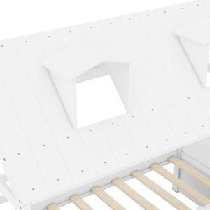 English Elm Twin House Bed Solid Wood Frame with Skylights Ladder Storage Drawers Kids Room White LP000465AAK-1