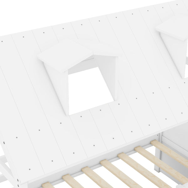 English Elm Twin House Bed Solid Wood Frame with Skylights Ladder Storage Drawers Kids Room White LP000465AAK-1