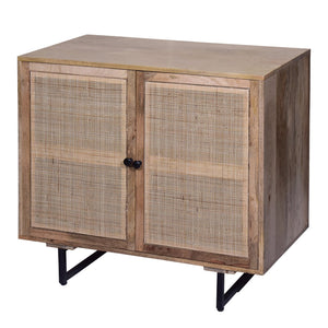 English Elm 35 Inch Handcrafted Accent Cabinet with Mesh Rattan Doors, Black Iron Sled Base, Natural Mango Wood Grain Finish B056P158057