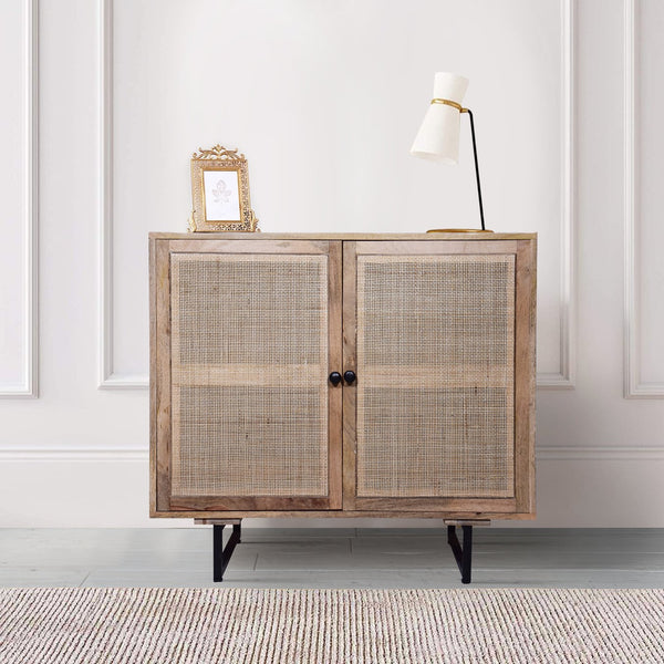 English Elm 35 Inch Handcrafted Accent Cabinet with Mesh Rattan Doors, Black Iron Sled Base, Natural Mango Wood Grain Finish B056P158057