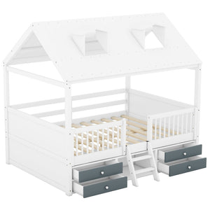 English Elm Full Size House Bed Frame Solid Wood with Storage Drawers Peaked Roofline Kids Playhouse White LP000466AAK-1