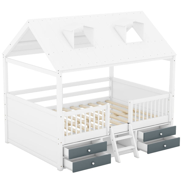 English Elm Full Size House Bed Frame Solid Wood with Storage Drawers Peaked Roofline Kids Playhouse White LP000466AAK-1