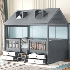 English Elm Full Size House Bed Frame Solid Wood with Storage Drawers Peaked Roofline Kids Playhouse Gray LP000466AAE-1