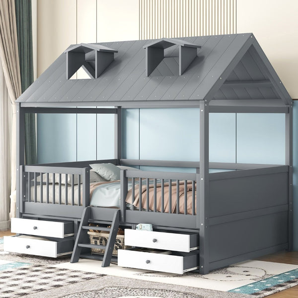 English Elm Full Size House Bed Frame Solid Wood with Storage Drawers Peaked Roofline Kids Playhouse Gray LP000466AAE-1