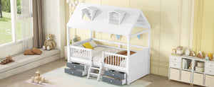 English Elm Twin House Bed Solid Wood Frame with Skylights Ladder Storage Drawers Kids Room White LP000465AAK-2