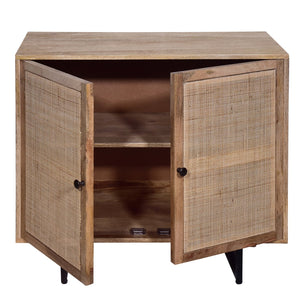 English Elm 35 Inch Handcrafted Accent Cabinet with Mesh Rattan Doors, Black Iron Sled Base, Natural Mango Wood Grain Finish B056P158057