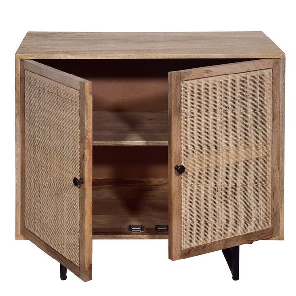 English Elm 35 Inch Handcrafted Accent Cabinet with Mesh Rattan Doors, Black Iron Sled Base, Natural Mango Wood Grain Finish B056P158057