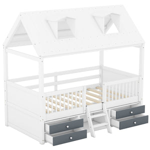 English Elm Twin House Bed Solid Wood Frame with Skylights Ladder Storage Drawers Kids Room White LP000465AAK-2