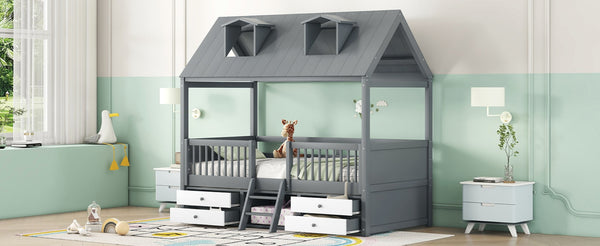 English Elm Twin House Bed Solid Wood Frame with Skylights Ladder Storage Drawers Kids Room Gray LP000465AAE-1