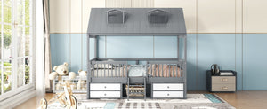 English Elm Full Size House Bed Frame Solid Wood with Storage Drawers Peaked Roofline Kids Playhouse Gray LP000466AAE-1