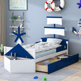 English Elm Twin Size Boat-Shaped Platform Bed With 2 Drawers ,Twin Bed With Storage For Bedroom,Blue