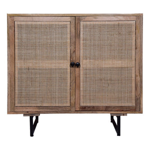 English Elm 35 Inch Handcrafted Accent Cabinet with Mesh Rattan Doors, Black Iron Sled Base, Natural Mango Wood Grain Finish B056P158057