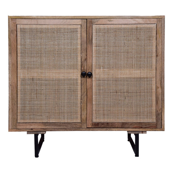 English Elm 35 Inch Handcrafted Accent Cabinet with Mesh Rattan Doors, Black Iron Sled Base, Natural Mango Wood Grain Finish B056P158057