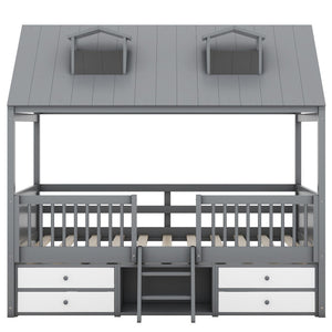 English Elm Full Size House Bed Frame Solid Wood with Storage Drawers Peaked Roofline Kids Playhouse Gray LP000466AAE-1