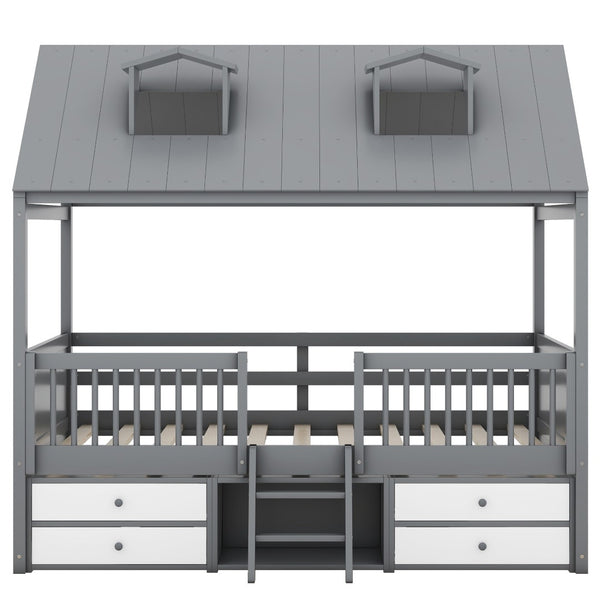 English Elm Full Size House Bed Frame Solid Wood with Storage Drawers Peaked Roofline Kids Playhouse Gray LP000466AAE-1