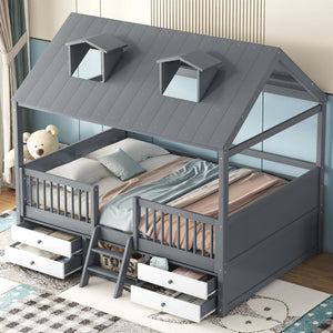 English Elm Full Size House Bed Frame Solid Wood with Storage Drawers Peaked Roofline Kids Playhouse Gray LP000466AAE-1