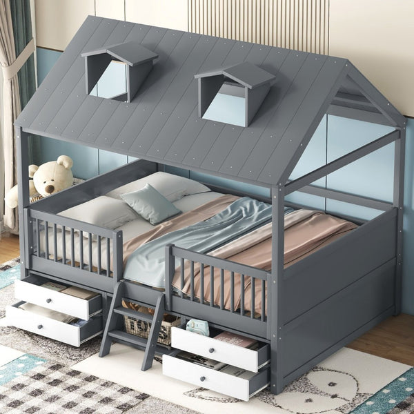 English Elm Full Size House Bed Frame Solid Wood with Storage Drawers Peaked Roofline Kids Playhouse Gray LP000466AAE-1