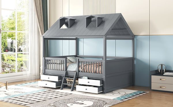 English Elm Full Size House Bed Frame Solid Wood with Storage Drawers Peaked Roofline Kids Playhouse Gray LP000466AAE-1