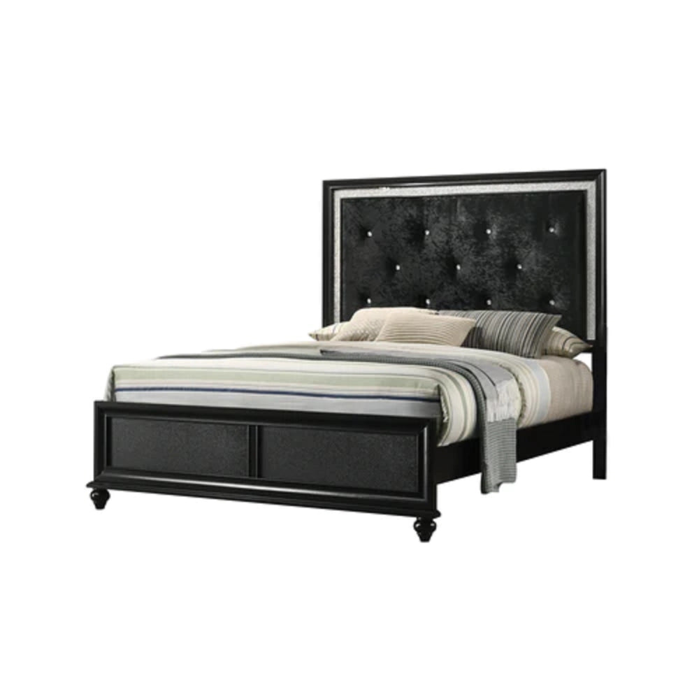 English Elm Modern Glam Upholstered Headboard Queen Bed with LED Lighting and Mirrored Accent Trim for Luxe Bedroom Décor Black 83.4 L x 40.63 W x 6.34 H B011S00741