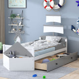 Twin Platform Bed with 2 Drawers, Gray - Boat Shape, High-Quality, Space-Saving