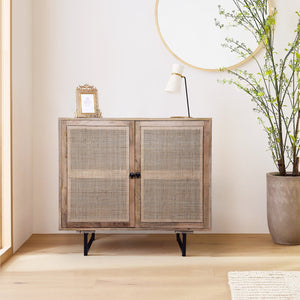 English Elm 35 Inch Handcrafted Accent Cabinet with Mesh Rattan Doors, Black Iron Sled Base, Natural Mango Wood Grain Finish B056P158057