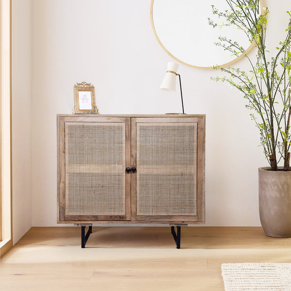 English Elm 35 Inch Handcrafted Accent Cabinet with Mesh Rattan Doors, Black Iron Sled Base, Natural Mango Wood Grain Finish B056P158057