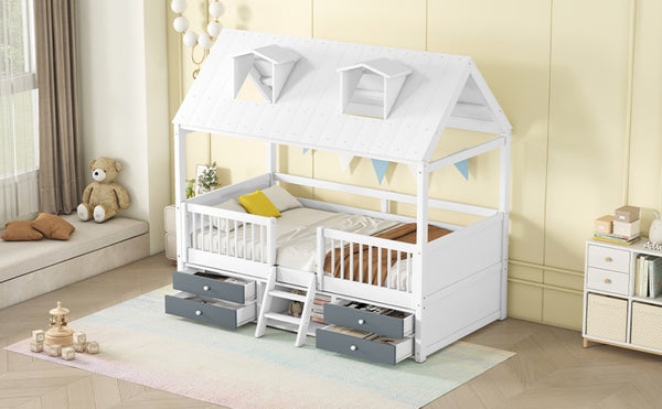 English Elm Twin House Bed Solid Wood Frame with Skylights Ladder Storage Drawers Kids Room White LP000465AAK-2