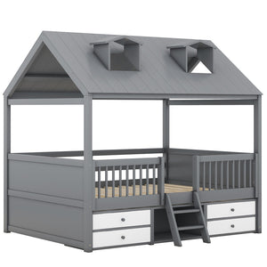 English Elm Full Size House Bed Frame Solid Wood with Storage Drawers Peaked Roofline Kids Playhouse Gray LP000466AAE-1