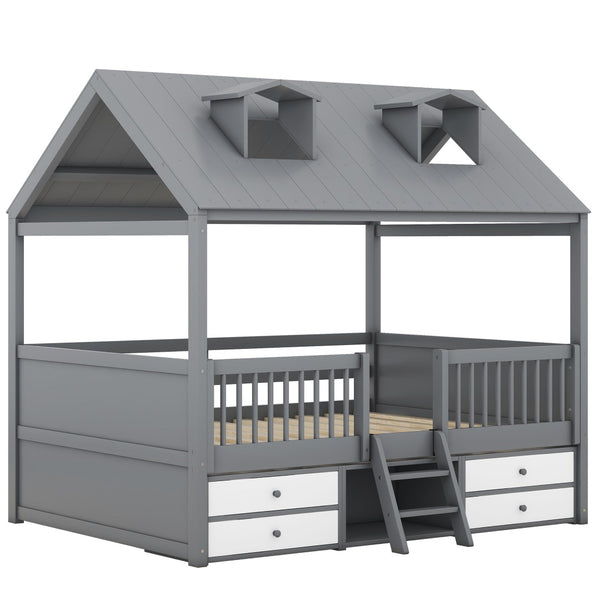 English Elm Full Size House Bed Frame Solid Wood with Storage Drawers Peaked Roofline Kids Playhouse Gray LP000466AAE-1